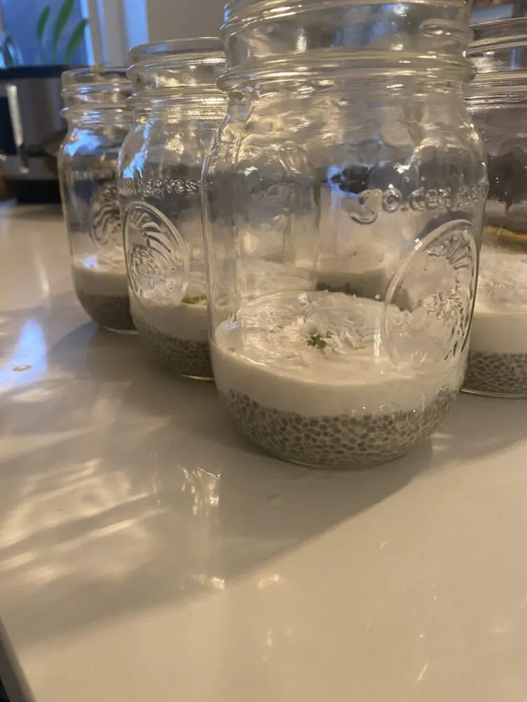 Close-up of creamy key lime chia seed pudding in a glass bowl with lime