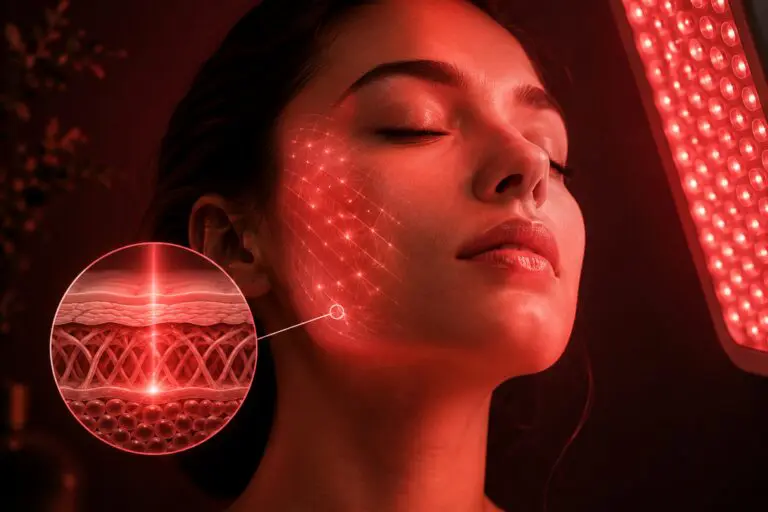Woman receiving red light therapy with illuminated facial skin and skin layer illustration