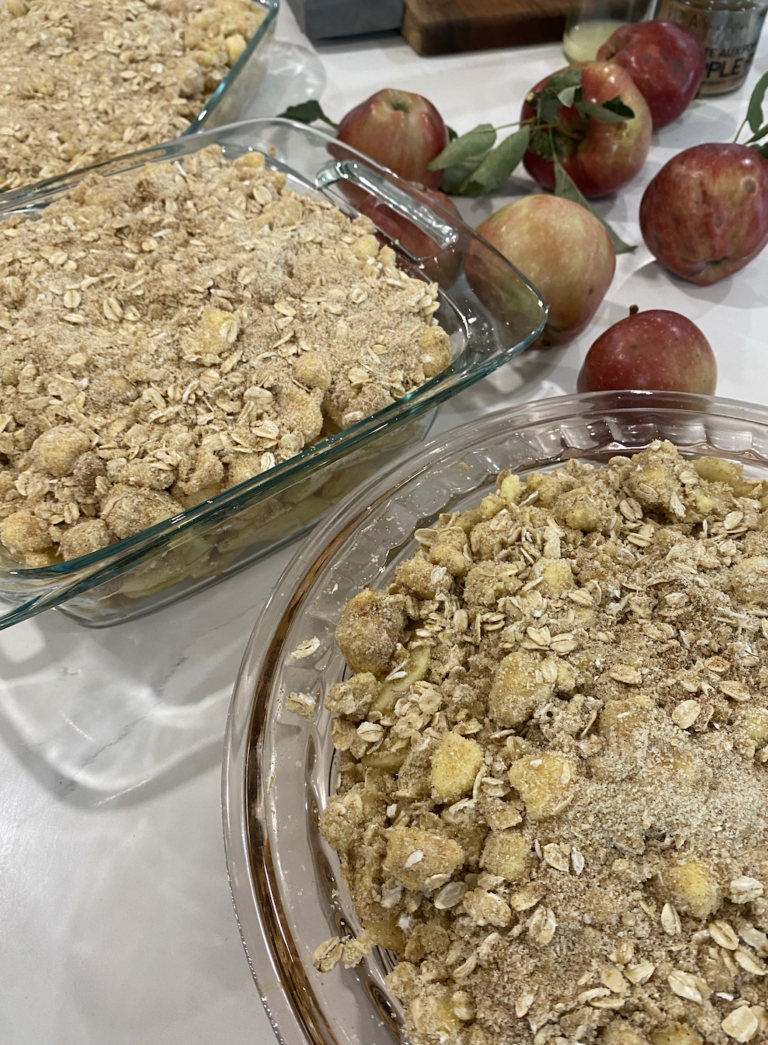 Close-up of an apple crisp recipe displayed on a smartphone screen