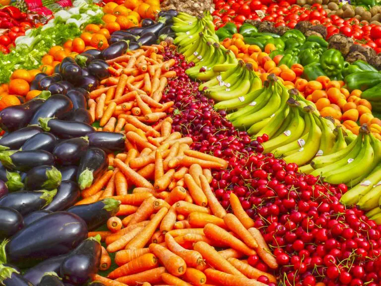 Colorful assortment of fresh fruits and vegetables on display