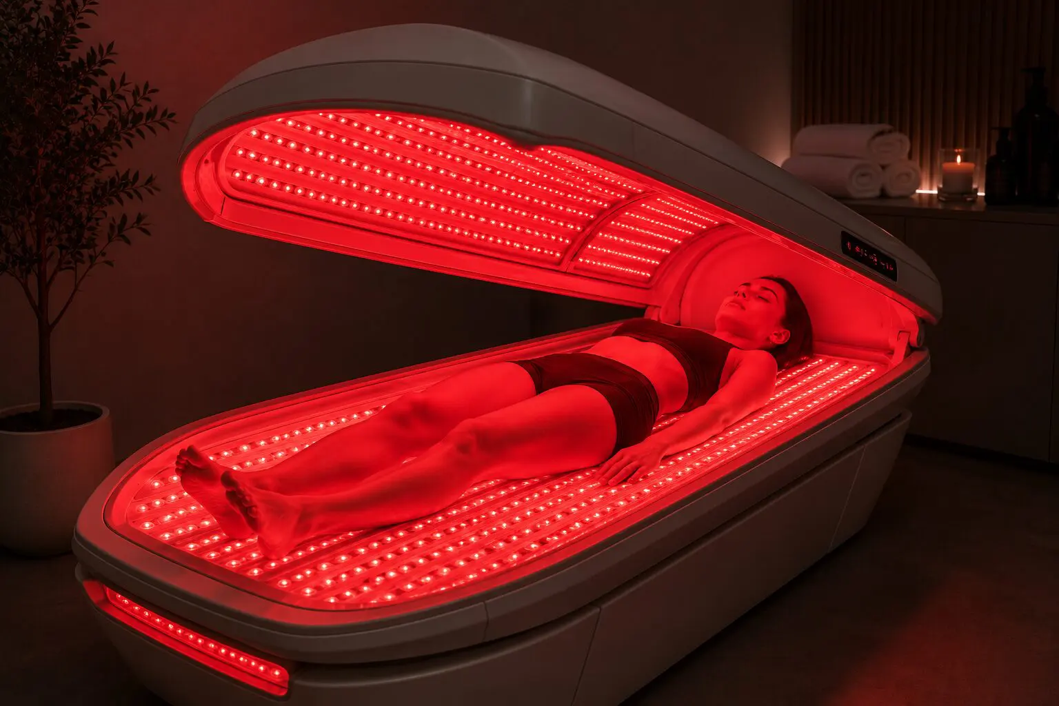 Woman lying in a red light therapy bed