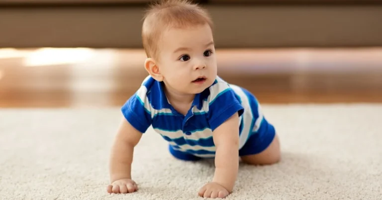 Infant crawling on a wooden floor indoors